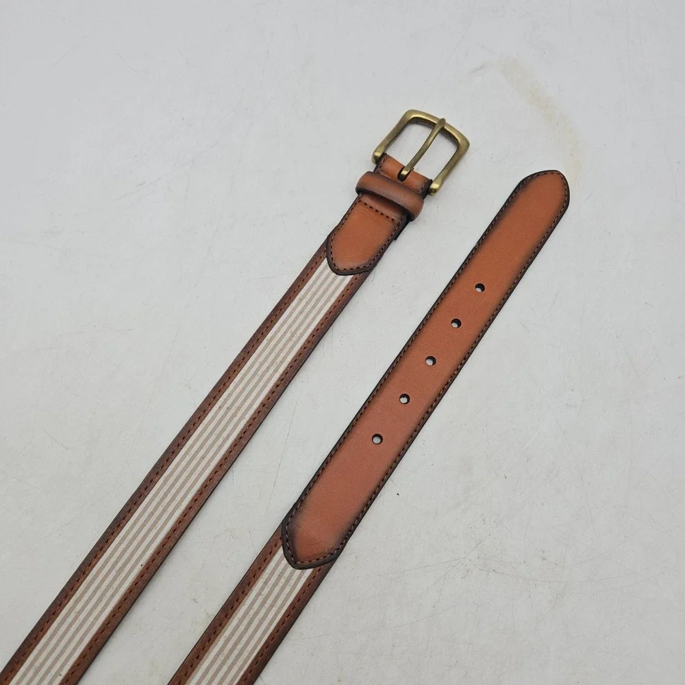 Structure Belt Brown Leather Striped Fabric Mens 36 Brass Buckle NWOT